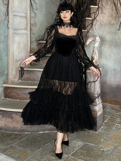 Lyrianda Plus Size Women's Autumn/Winter Black Velvet & Lace Patchwork Square Neck Lantern Sleeve Cinched Waist A-Line Tiered Maxi Dress, Elegant Vintage Style For Party, Evening, Wedding, Shopping, Dating And Daily Wear