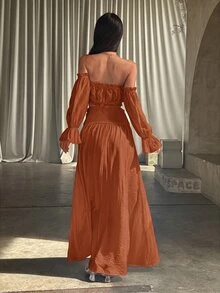 Opulessa 春夏度假女款純色梭織露肩上衣與裙子兩件套 - 亮橙色 - 查看 4