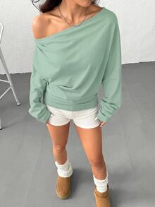 SHEIN EZwear 女款純色百褶不對稱領長袖連帽衛衣，畢業季/返校穿搭，畢業禮服，女教師專業服裝，秋冬返校 - 薄荷綠 - 查看 4