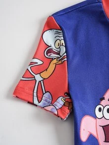 SpongeBob SquarePants | SHEIN Tween Boy Cartoon Print Short Sleeve Top And Fitted Long Pants Loungewear Set - Blue - View 4