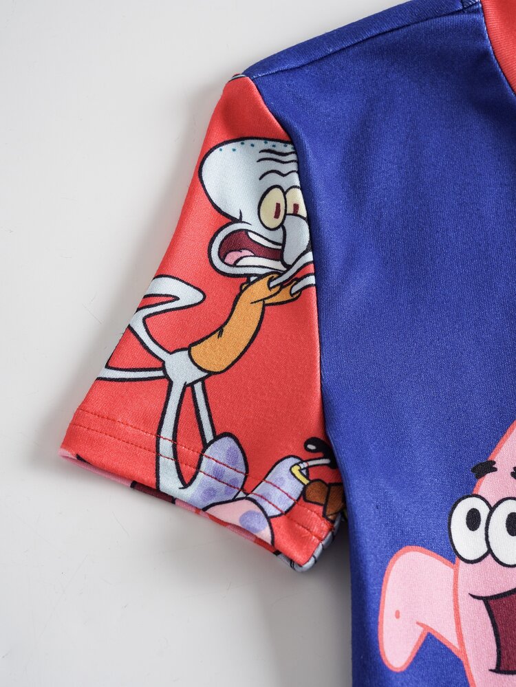 SpongeBob SquarePants | SHEIN 青少年男孩卡通印花短袖上衣與修身長褲居家休閒套裝 - 藍色 - 查看 4