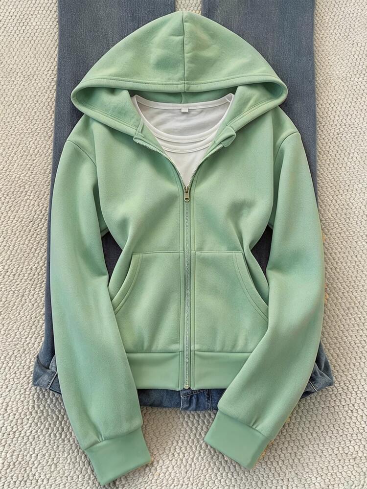 Autumn/Winter Tween Girls' Hooded Zip-Up Jacket - Mix & Match Street Style, Warm Knitted Fabric For Autumn/Winter, Slightly Oversized Fit With Growth Room, Perfect For School And Streetwear, Instantly Transforms Into A Vibrant Girl! - Green - View 1