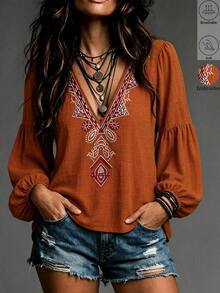 LUMIGAL Orange V-Neck Embroidered Women's Long Sleeve Casual Blouse - Redwood - View 1