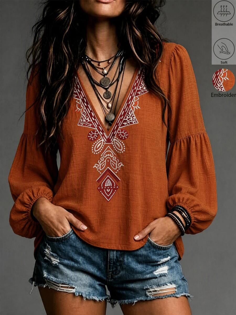 LUMIGAL Orange V-Neck Embroidered Women's Long Sleeve Casual Blouse - Redwood - View 1