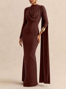 Vesra Gaun Wanita Polos Lengan Panjang Berlipit dengan Desain Pita, Potongan Slim Fit, Elegan - Coklat - View 5