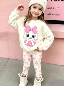 奶油杏色 柔軟甜美亮片蝴蝶結卡通貓咪絨毛貼布繡圖案 少女休閒舒適寬鬆圓領套頭衛衣與休閒刷毛內搭褲 2件套，適合秋冬日常、開學季、新季節，甜美女孩風 - 彩色 - 查看 3