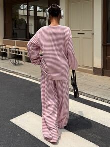 Muchica 2件組女款休閒學院風套裝：粉色條紋保暖長袖T恤與長褲兩件套（假期返校）早午餐秋季穿搭 - 粉色 - 查看 2