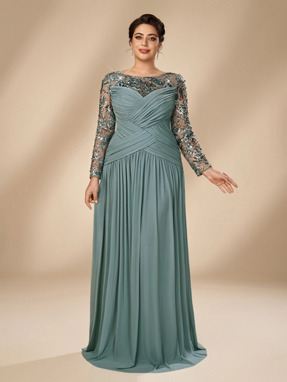 Serin Plus Size Elegant Romantic Round Neck Luxury Embroidered Patchwork Mesh Sheer Long Sleeve Inlaid Pearl Rhinestone Waist Pleated Decor A-Line Formal Dress For Wedding Party Celebration Bride Mother Of The Bride