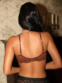 Divavoom Lace Eyelash Underwire Rhinestone Decorated Lingerie - Brown - View 2