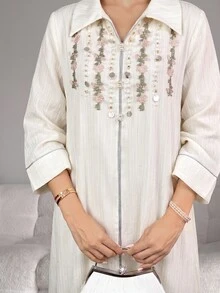 Al Najma Women's Floral Embroidered Beaded Decor Arabian Dress - Apricot - View 6