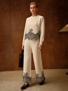 MOTF WOMEN'S AUTUMN/WINTER GUIPURE LACE APPLIQUE TEXTURED FABRIC SWEATER AND WIDE LEG PANTS SET - Apricot - View 8