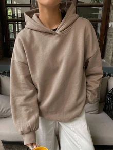 DAZY 連帽休閒保暖內裡純色中性寬鬆女款衛衣 秋季 - 橘色 - 查看 4