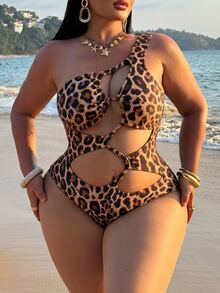 SHEIN Swim New Summer Beach Vacation Sexy Cutout Textured Fabric Asymmetrical One-Shoulder Design Plus Size One-Piece Swimsuit - Multicolor - View 1