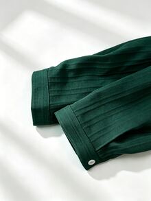 INAWLY 刺繡立領白色條紋襯衫，寬鬆休閒 3/4 袖紋理女款上衣 - 墨綠色 - 查看 4