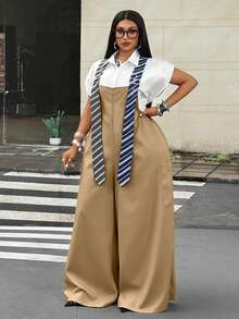 Maweii Plus Size Women's Striped Grommet Buckle 2 In 1 Wide Leg Jumpsuit - Khaki - View 4