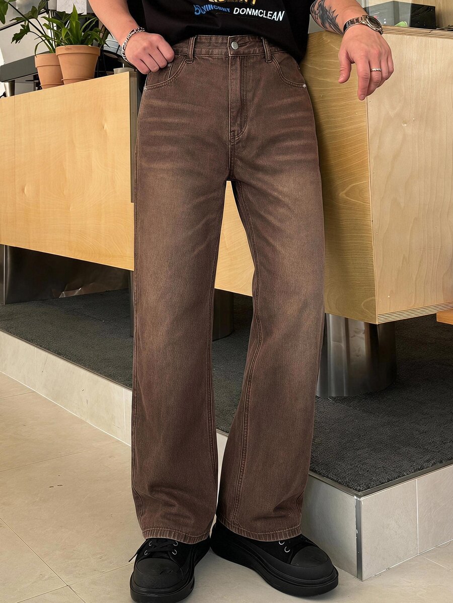 DAZY Men's Casual Washed Straight Leg Jeans - Brown - View 1