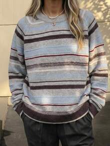 Livesso Women's Autumn/Winter Casual Colorblock Striped Sweater - Grey - View 5