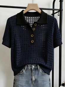 EMERY ROSE Women's Colorblock Casual Versatile Everyday Knit Top - Dark Blue - View 1
