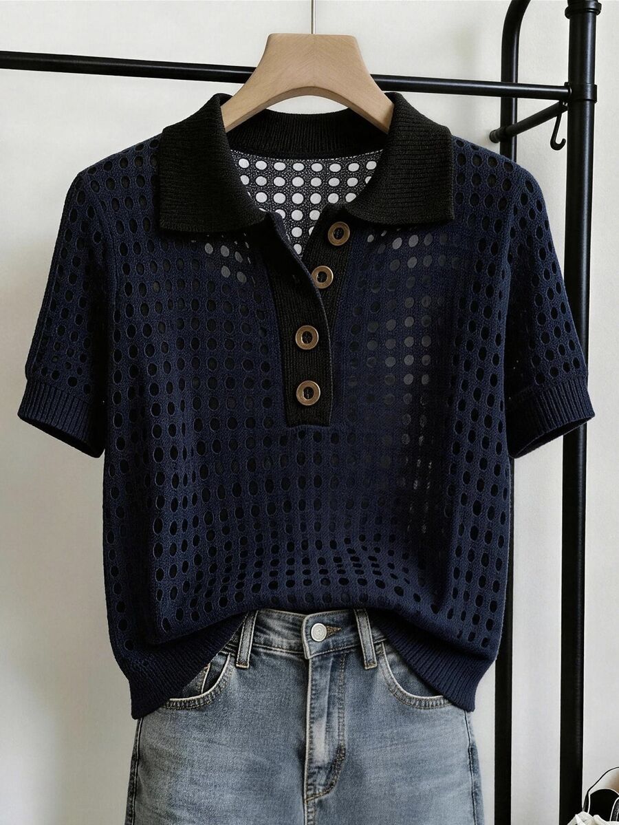 EMERY ROSE Women's Colorblock Casual Versatile Everyday Knit Top - Dark Blue - View 1