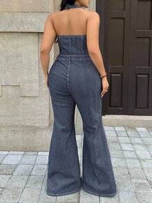 Rivivi Plus Size Women's Stretch Denim Striped Jumpsuit, High-Intellect Striped Design Jumpsuit, Cowboy Outfits For Women - Blue - View 3