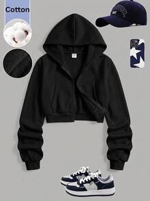 SHEIN 少女寬鬆休閒基本款極簡舒適街頭風連帽修身前短後長長袖冬季外套 白色 秋季 - 黑色 - 查看 7