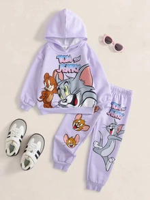TOM & JERRY X SHEIN طقم هودي وبنطال رياضي بطبعة كرتونية للبنات الصغيرات - الأرجواني - مشاهدة 1