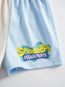 SpongeBob SquarePants | SHEIN Baby Boy Colorblock Round Neck Short Sleeve T-Shirt And Shorts Casual Set - Multicolor - View 7