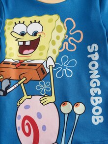 SpongeBob SquarePants | SHEIN Conjunto de ropa de estar en casa para niño pequeño con estampado de dibujos animados, top y pantalones de ajuste ceñido - Azul - Ver 5