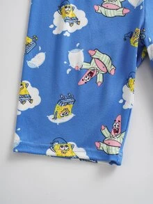 SpongeBob SquarePants | SHEIN Tween Boy Round Neck Short Sleeve T-Shirt And Shorts Lounge Set - Blue - View 8