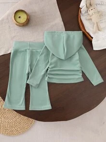 SHEIN 女嬰時尚運動風連帽長袖上衣與喇叭褲套裝 - 綠色 - 查看 2