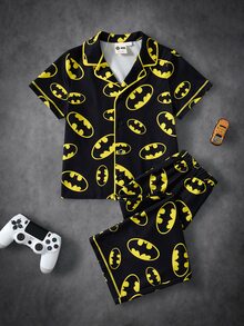 BATMAN X SHEIN Young Boy Bat Print Top & Pants Loungewear - Black - View 1