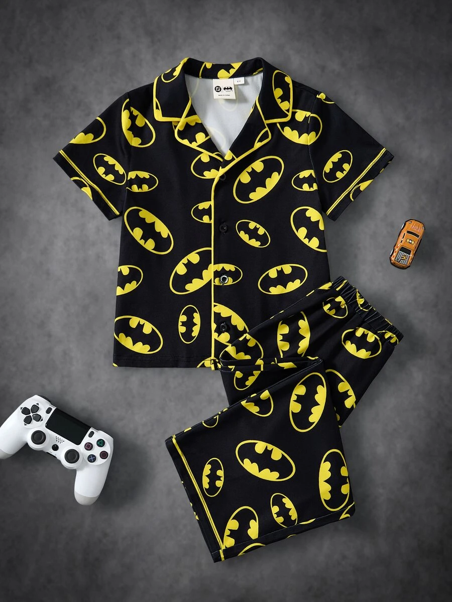 BATMAN X SHEIN Young Boy Bat Print Top & Pants Loungewear - Black - View 1