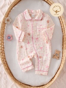 SHEIN Vintaside Kids 新生兒舒適柔軟保暖米色獅子熊貓熊月亮兔子印花領口鈕扣前開長袖連身衣 4件/1 - 彩色 - 查看 4
