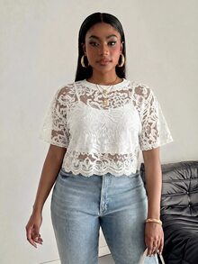 SHEIN PETITE CURVE 大尺碼女款法式性感透視蕾絲上衣 - 白色 - 查看 5