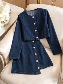 GlowEve Fashion Women's Button-Front Cropped Jacket And Skirt Washed Denim Set - Dark Wash - View 1
