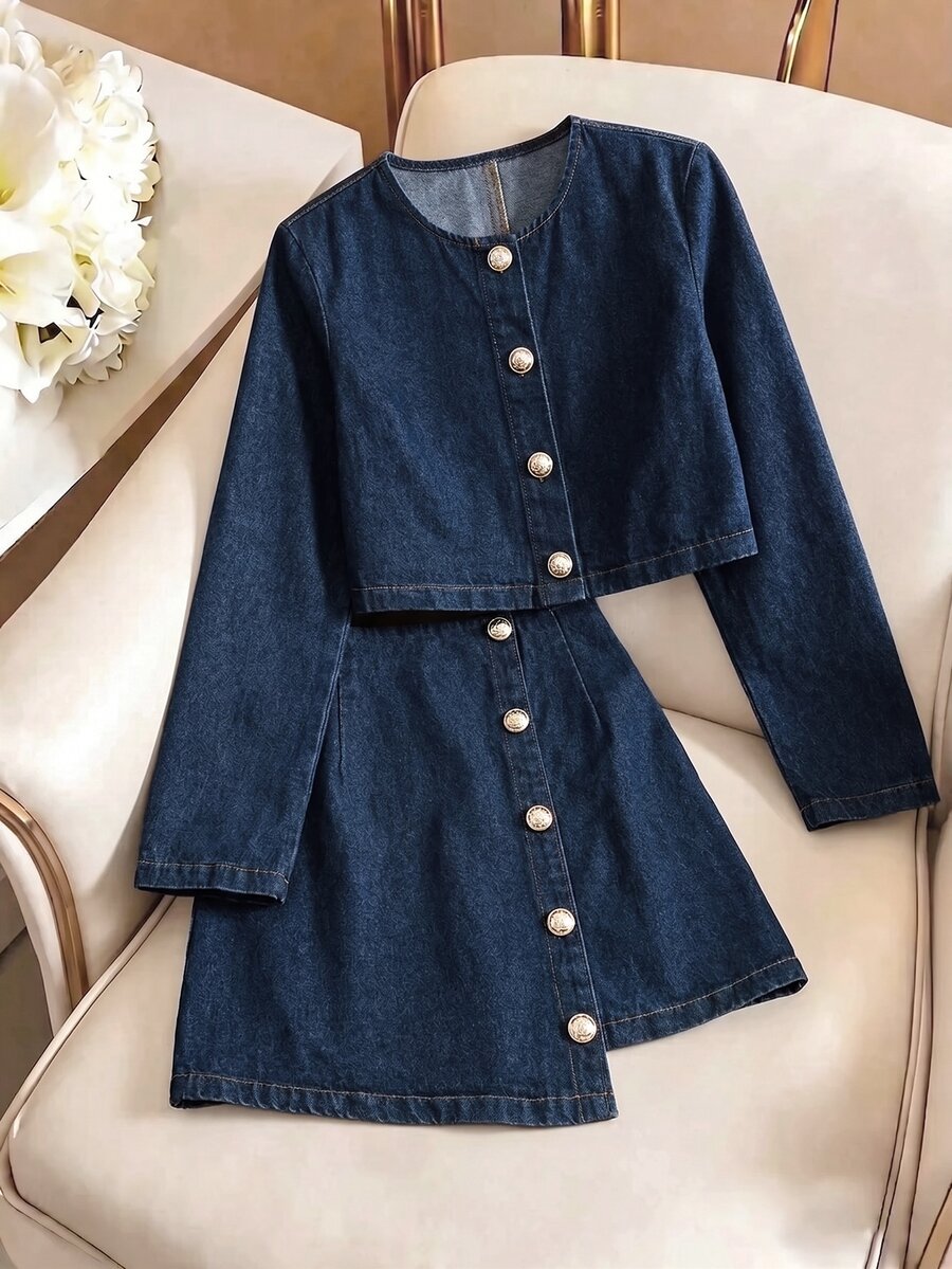 GlowEve Fashion Women's Button-Front Cropped Jacket And Skirt Washed Denim Set - Dark Wash - View 1