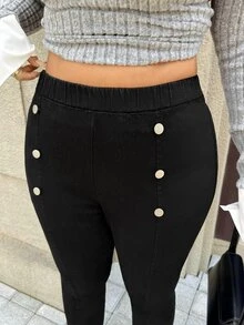 Rivivi Plus Size Women's Fitted Elastic Decorative Button Slim Long Pants - Black - View 4
