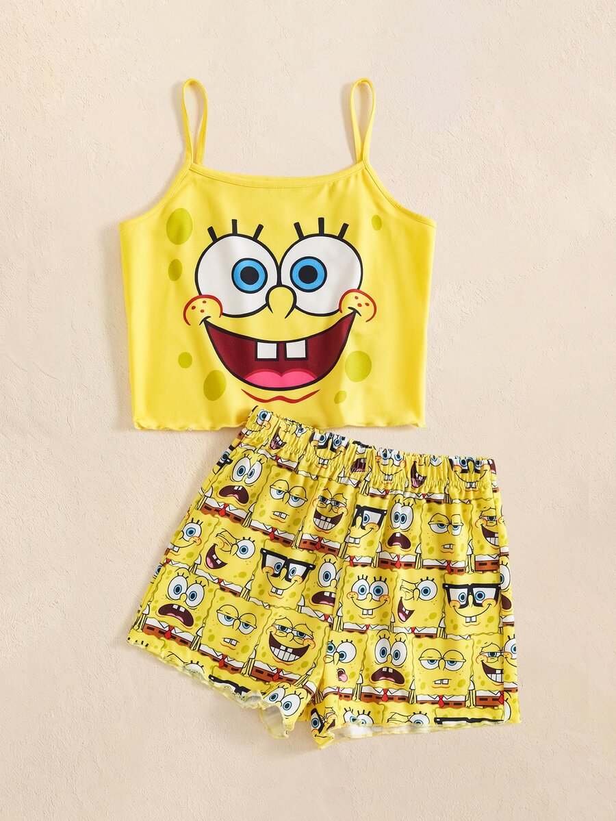 SpongeBob SquarePants | SHEIN Tween Girl Cartoon Print Cami Top And Shorts Casual Daily Home Sleepwear Set - Yellow - View 1