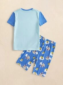 SpongeBob SquarePants | SHEIN Tween Boy Round Neck Short Sleeve T-Shirt And Shorts Lounge Set - Blue - View 2