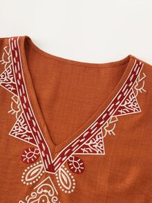 LUMIGAL Orange V-Neck Embroidered Women's Long Sleeve Casual Blouse - Redwood - View 3
