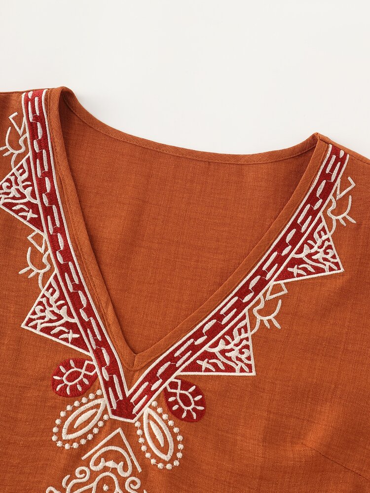 LUMIGAL 橘色V領刺繡女款長袖休閒襯衫 - 紅木色 - 查看 3