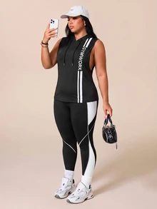 SHEIN Rhythm Era طقم نسائي مقاس كبير مطبوع عليه حروف مع توب بدون أكمام بقلنسوة ورباط وسروال ضيق - متعدد الألوان - مشاهدة 6