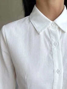 青少年女孩白色修身圓弧下擺紋理條紋校服襯衫，百搭百搭青年襯衫，適合青少年 - 白色 - 查看 5