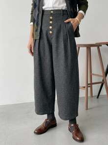 FRIFUL Women's Casual 1960s 1950s Versatile Button Pocket Pants Teachers' Day Brunch Office Grey Cold Weather Fall - Grey - View 1