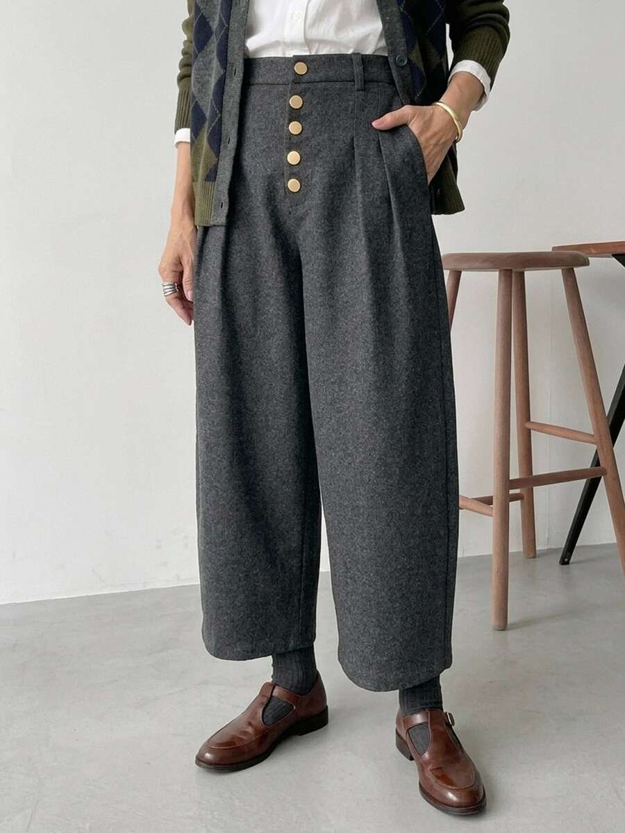 FRIFUL Women's Casual 1960s 1950s Versatile Button Pocket Pants Teachers' Day Brunch Office Grey Cold Weather Fall - Grey - View 1