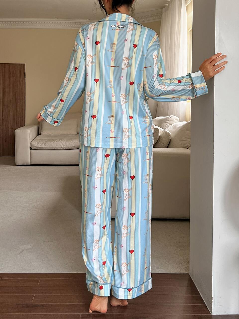 TOM AND JERRY X DAZY Autumn/Winter Striped Cartoon Print Loose Single-Breasted Top And Pants Pajama Set For Women