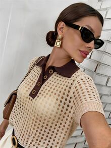 EMERY ROSE 女款拼色 Polo 領短袖休閒鏤空針織上衣 - 卡其色 - 查看 8
