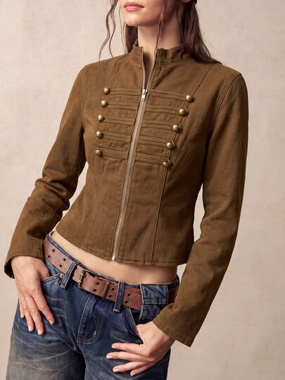 Bohemela Women's Army-Green Denim Top – Long-Sleeve, Stand-Collar, Military-Style Button Detail, And Waist-Cinching Fit – Casual Napoleon