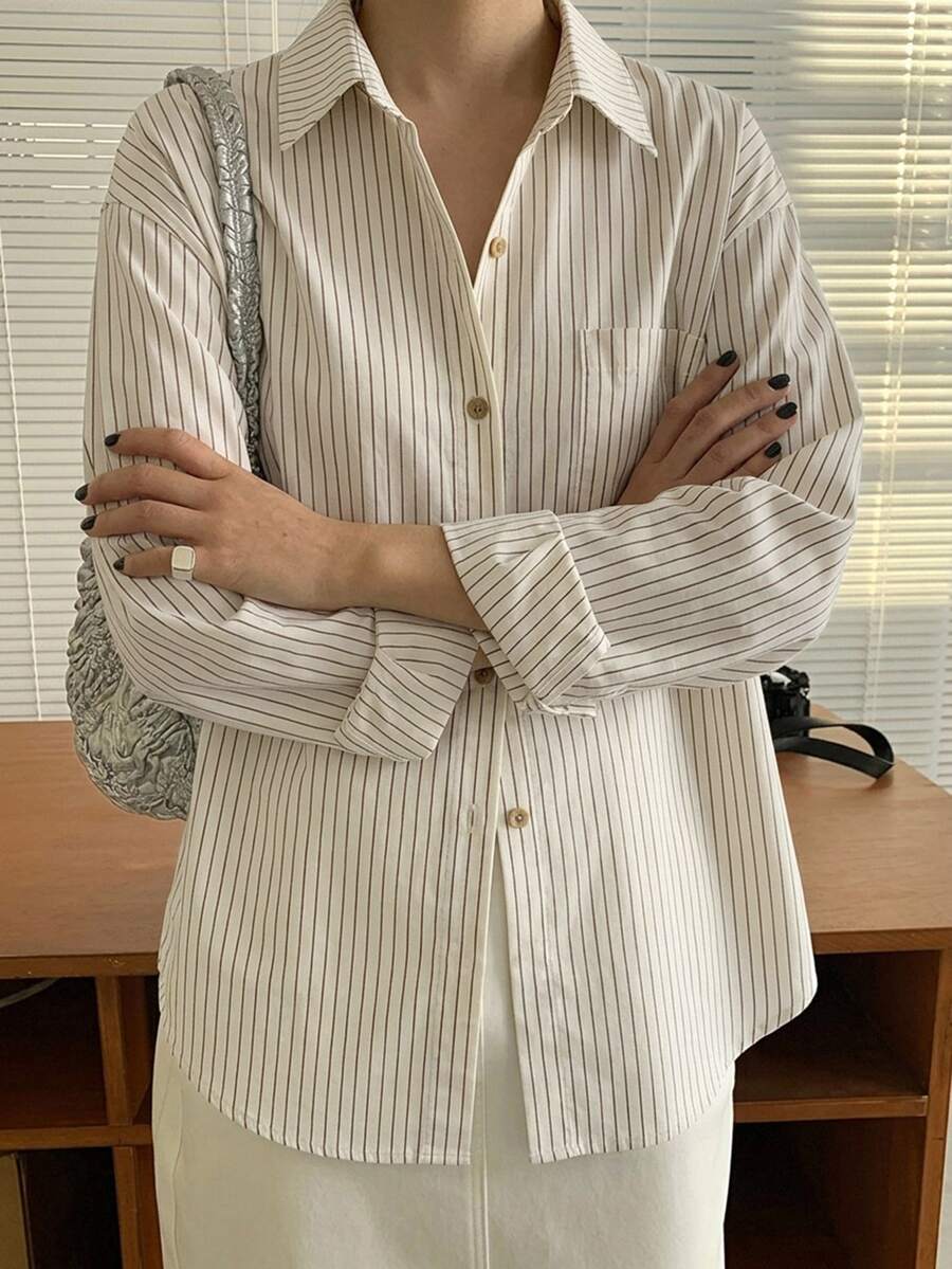 DAZY 休閒通勤條紋長袖襯衫 - 白色 - 查看 1