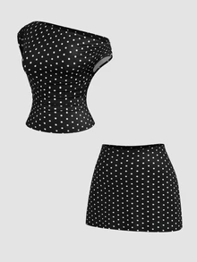 Sweetra Plus Size Early Autumn Ribbed Watermark Polka Dot Asymmetric Neckline Fitted Top And Bodycon Mini Skirt 2 Pieces Set - Black and White - View 4